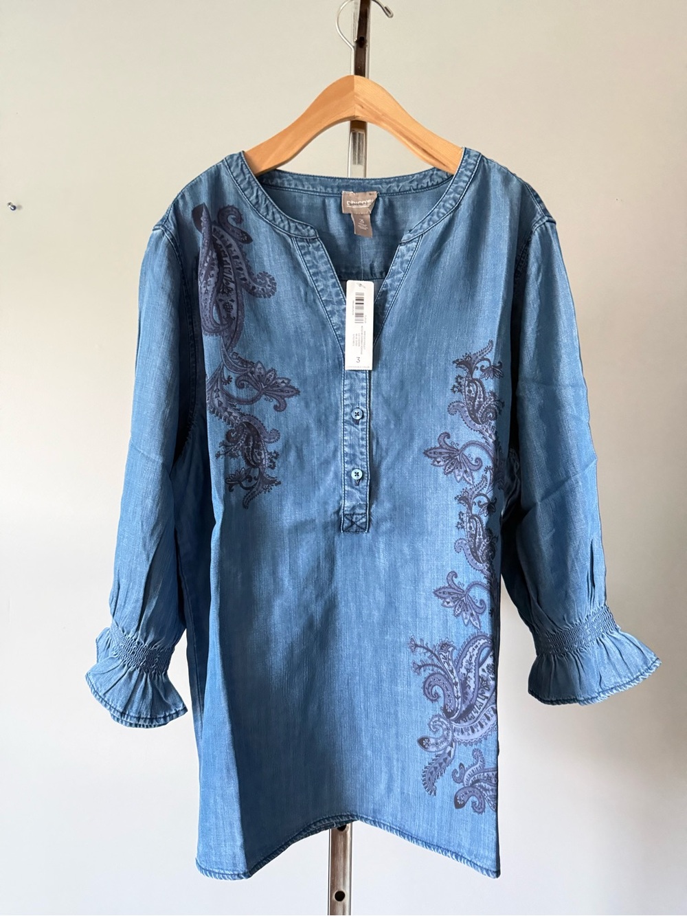 Chico's NWT Winter Paisley Notch V-Neck Lyocell Tunic Top 3 XL